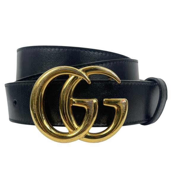 Gucci GG Marmot 30mm Thin Leather Belt Black Gold Buckle Men Size 105/42 - Picture 1 of 12